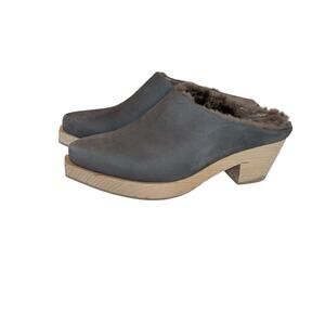 Coclico Women's Sz 8 Kera Grey Suede Shearling Lined Wooden Clog Mule Shoes